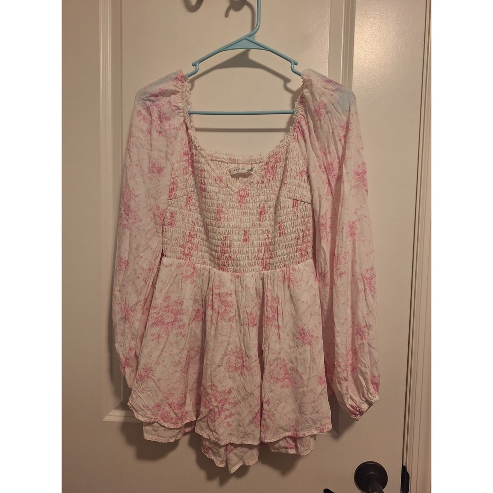 Altar'd State Pink Floral Smocked Romper Long Sleeve Cottagecore Coquette Medium